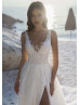 Beaded Ivory Lace Tulle V Back Slit Sexy Beach Wedding Dress